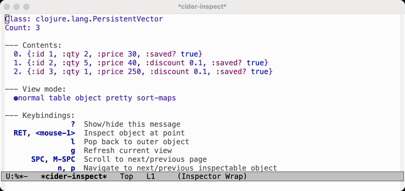 Inspecting a vector of maps: table view mode and drilling into a value
