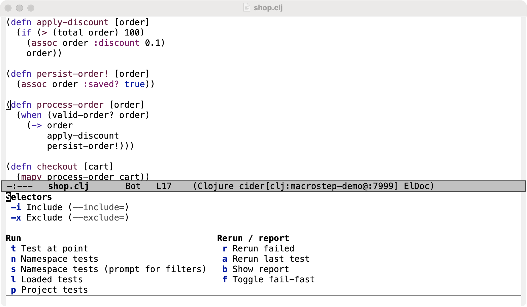 The test transient menu with selector flags