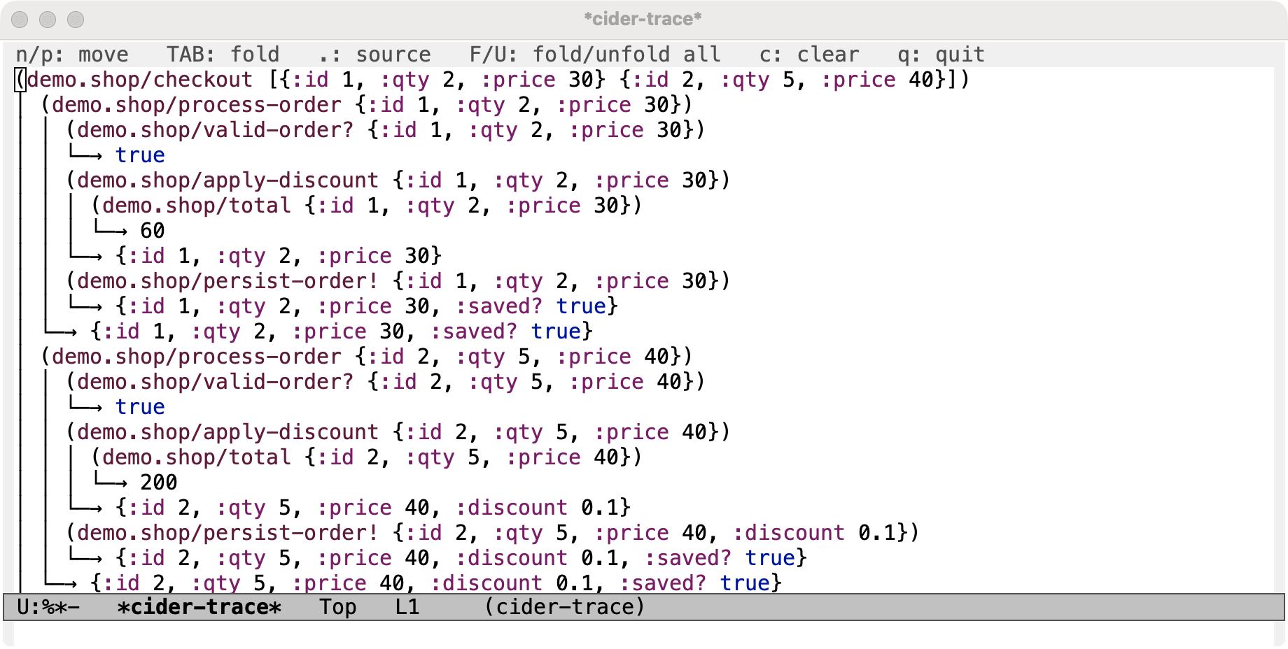 The cider-trace buffer with a nested call tree