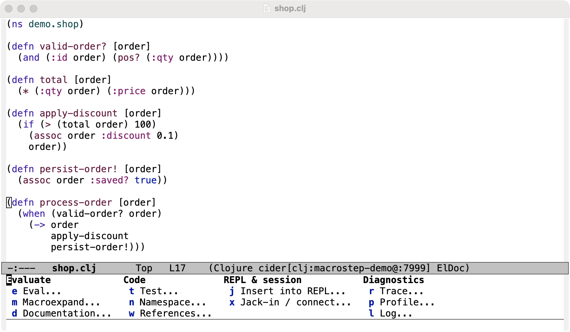 The top-level cider-menu transient